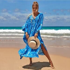 Breezy and Flowing Caftan Cover Up in Blue One Size Fits Most